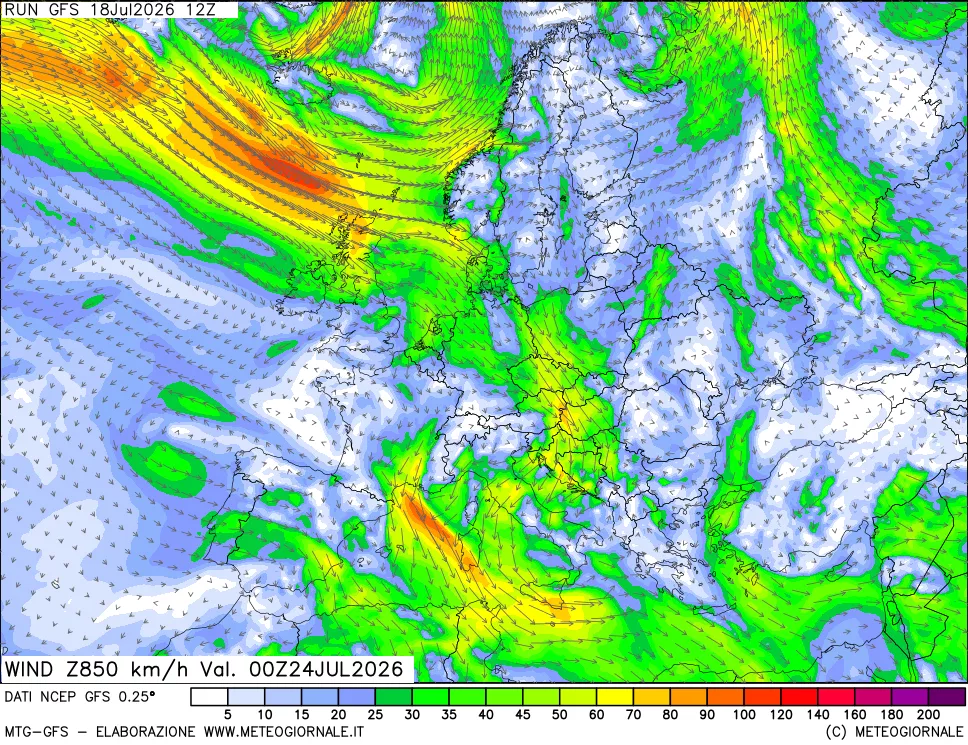 mappa 850 hPa Vento forza e direzione
