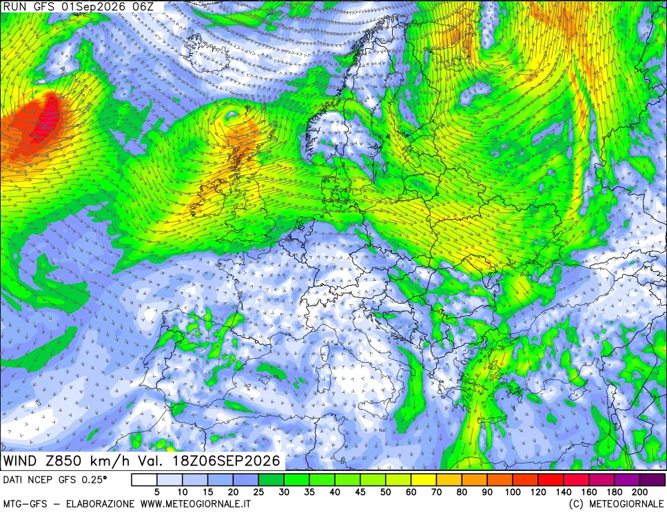 mappa 850 hPa Vento forza e direzione