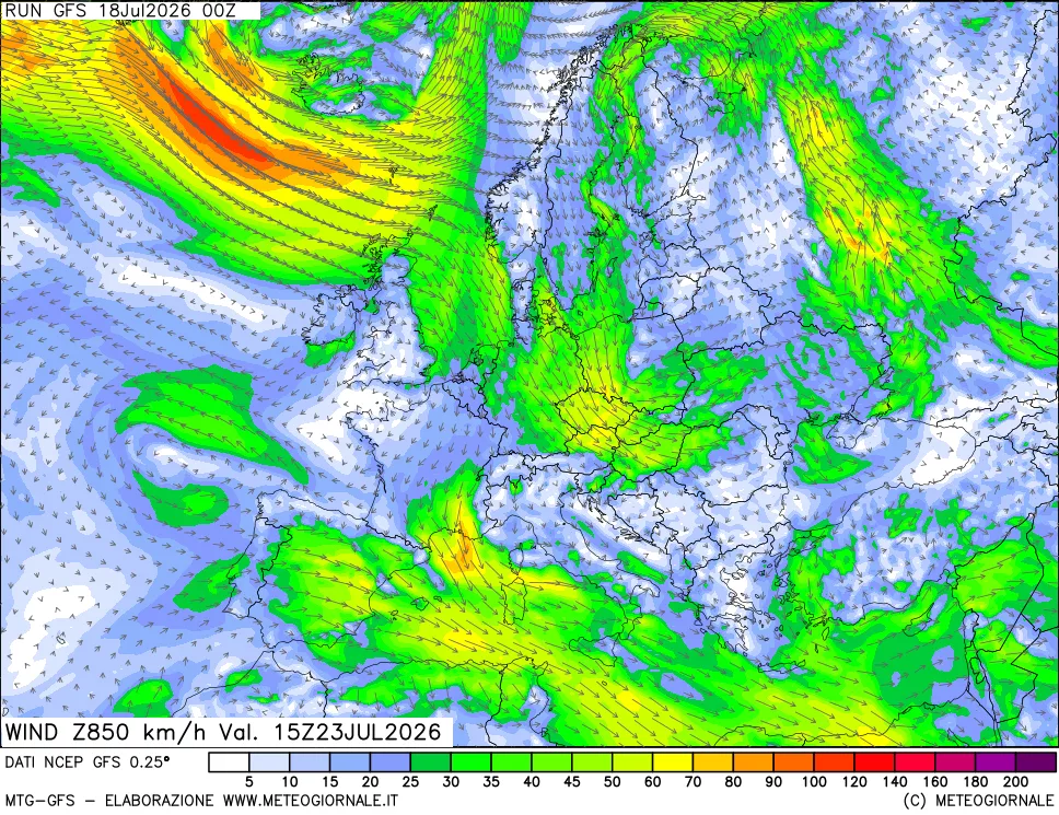 mappa 850 hPa Vento forza e direzione