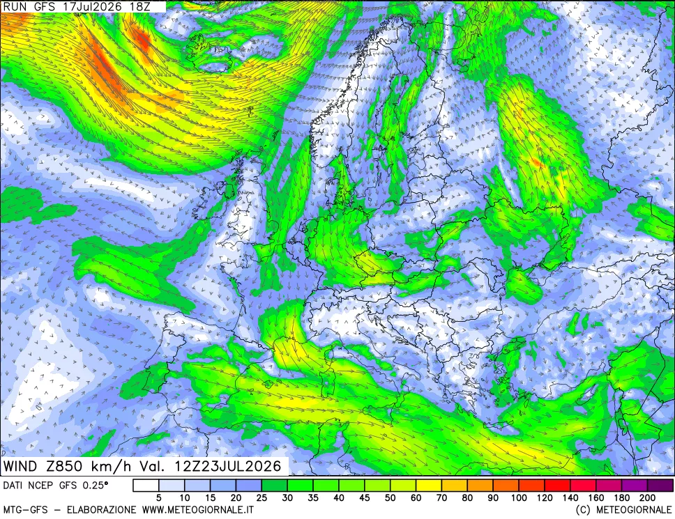 mappa 850 hPa Vento forza e direzione