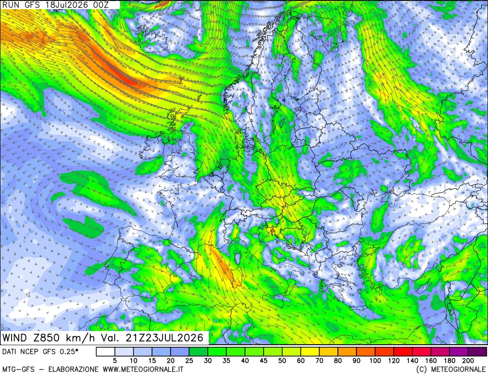 mappa 850 hPa Vento forza e direzione
