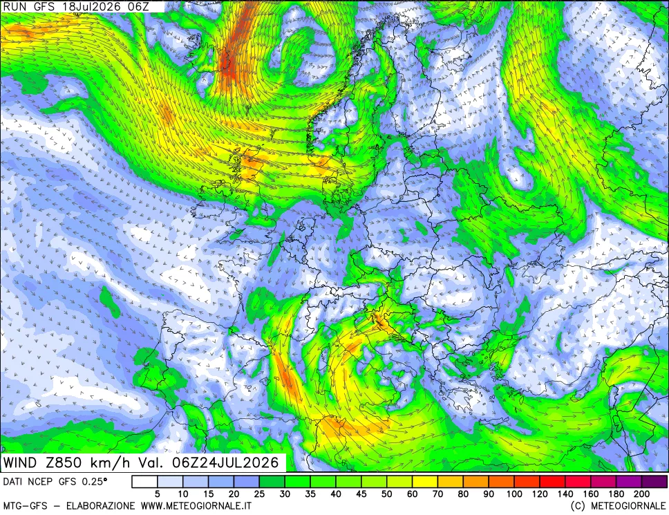 mappa 850 hPa Vento forza e direzione