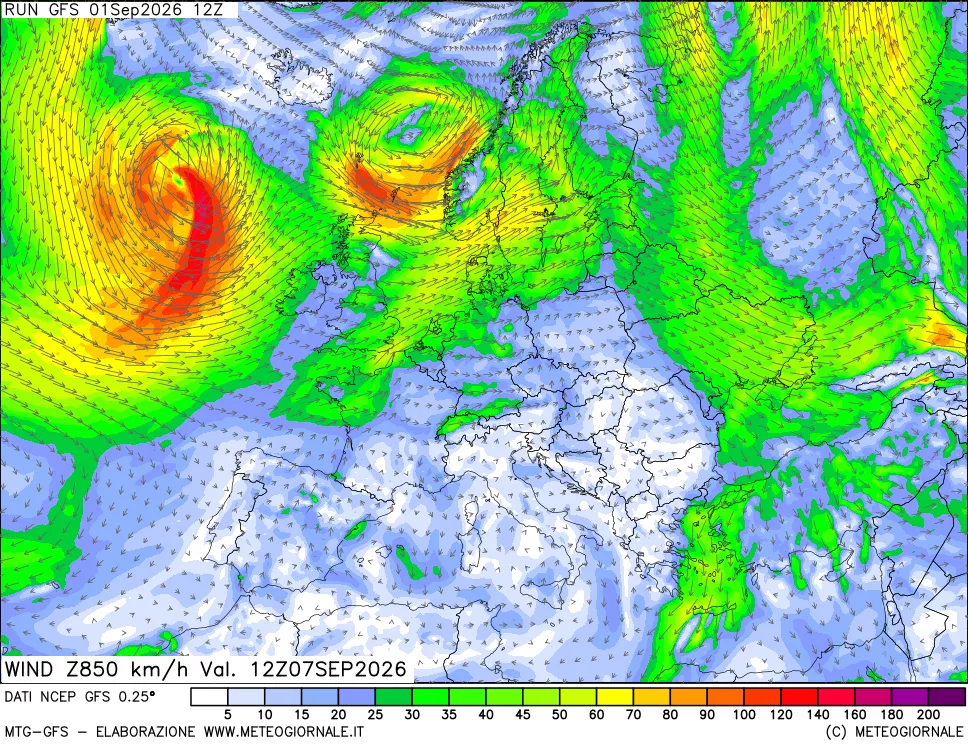 mappa 850 hPa Vento forza e direzione
