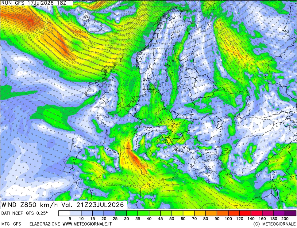 mappa 850 hPa Vento forza e direzione