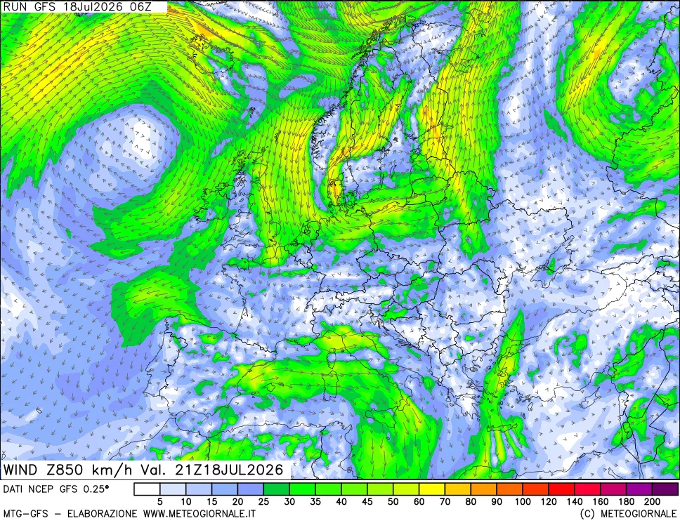 mappa 850 hPa Vento forza e direzione