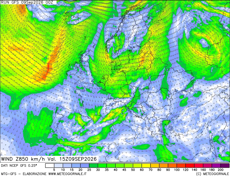 mappa 850 hPa Vento forza e direzione