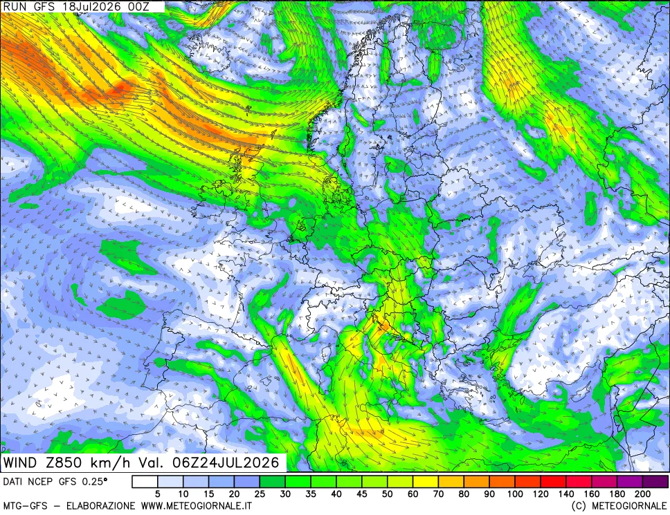 mappa 850 hPa Vento forza e direzione