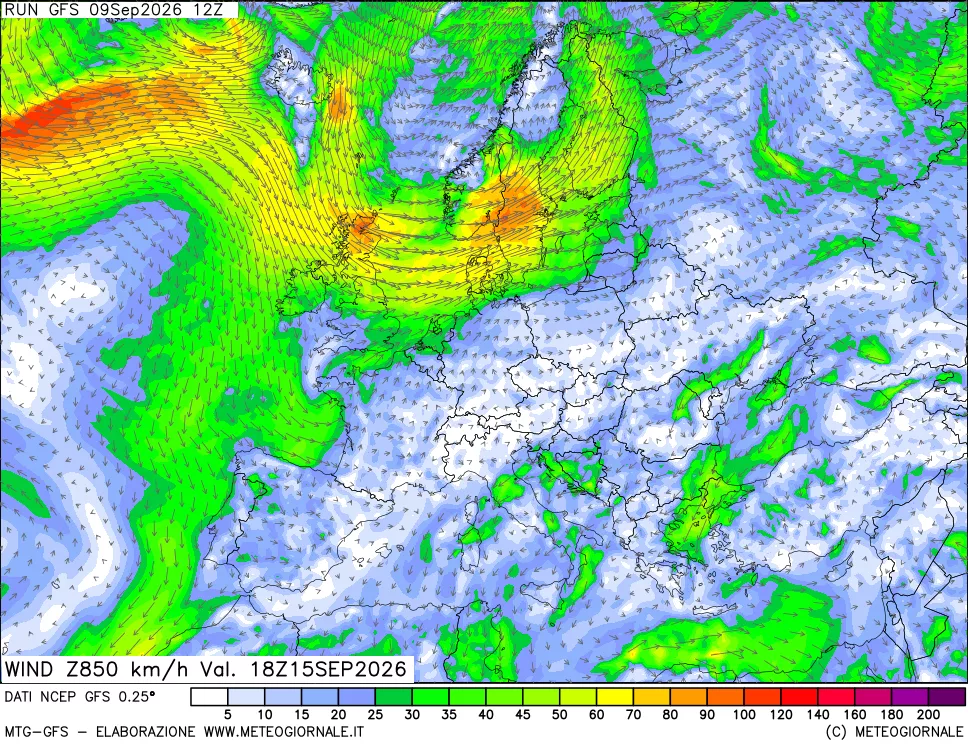 mappa 850 hPa Vento forza e direzione