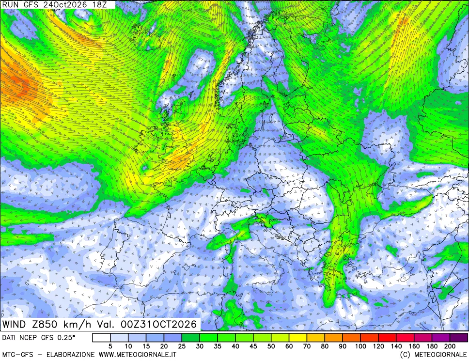 mappa 850 hPa Vento forza e direzione
