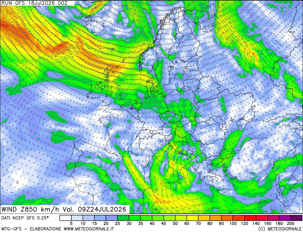 mappa 850 hPa Vento forza e direzione