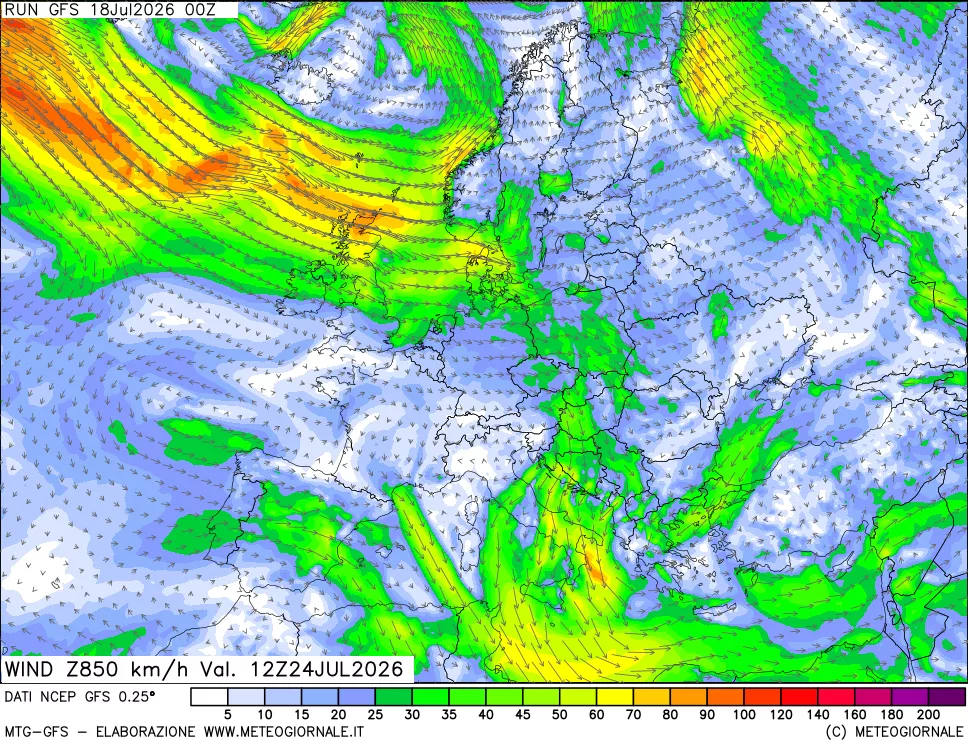 mappa 850 hPa Vento forza e direzione