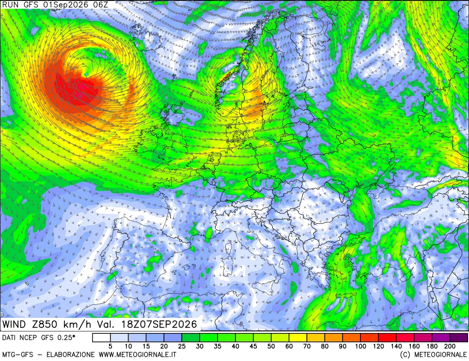 mappa 850 hPa Vento forza e direzione