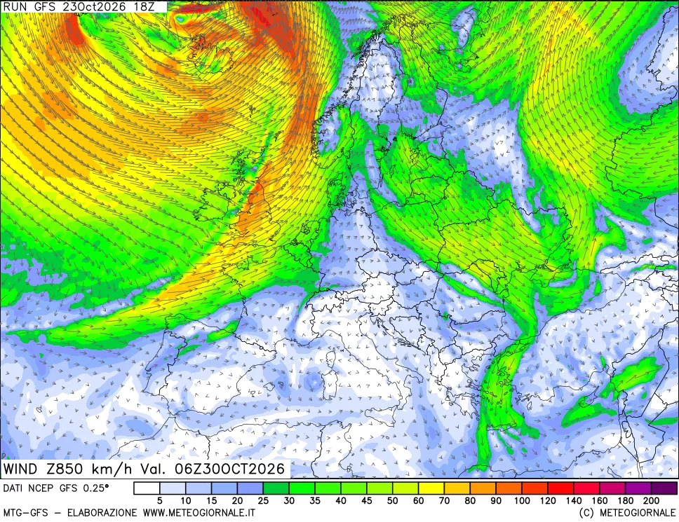 mappa 850 hPa Vento forza e direzione