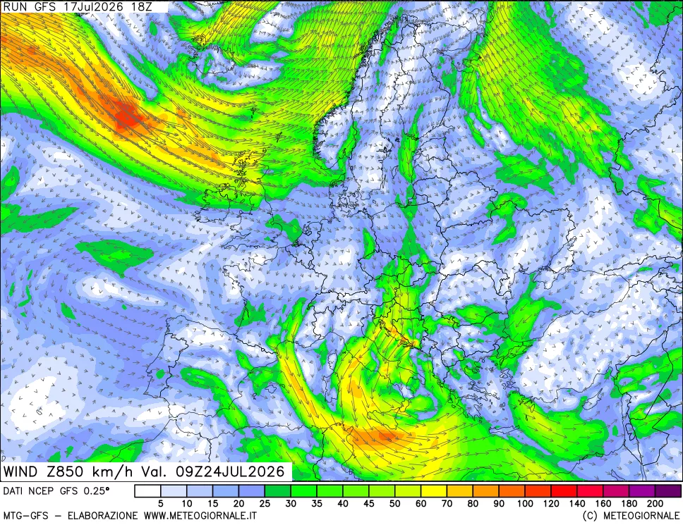 mappa 850 hPa Vento forza e direzione