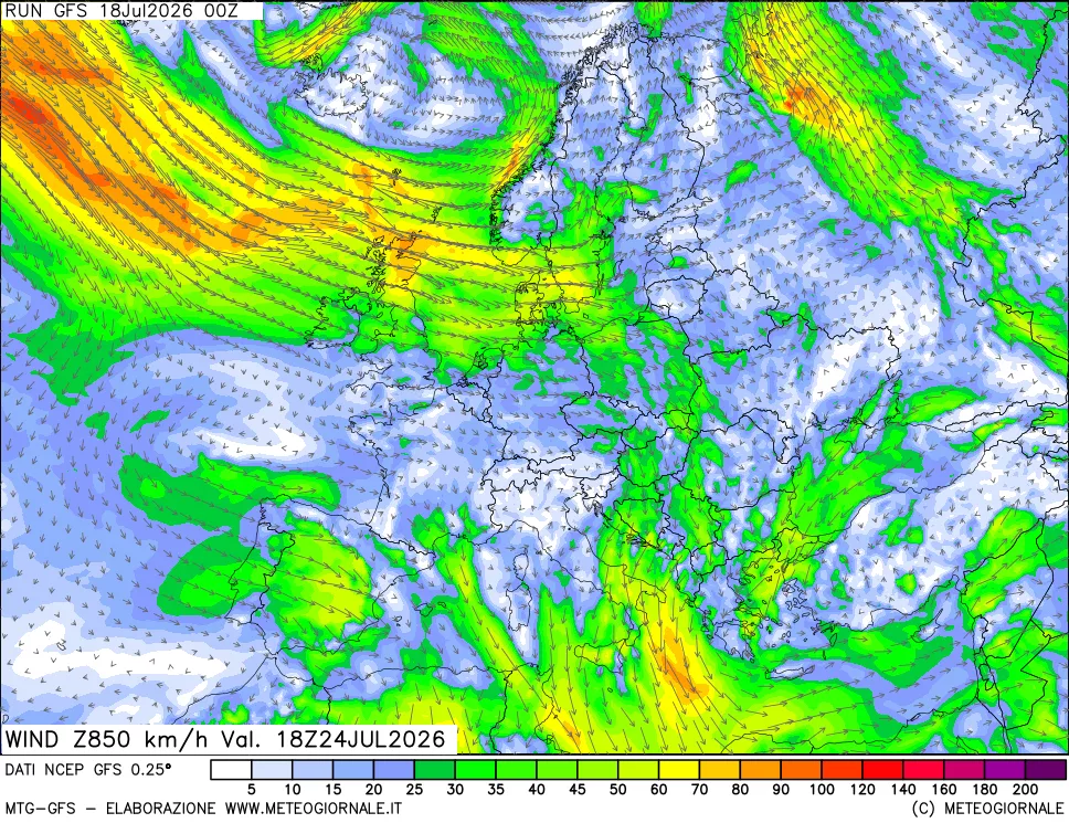 mappa 850 hPa Vento forza e direzione