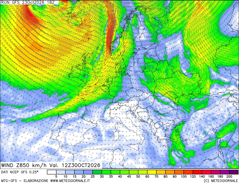 mappa 850 hPa Vento forza e direzione