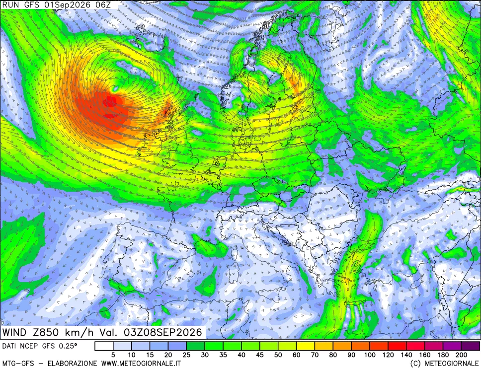 mappa 850 hPa Vento forza e direzione