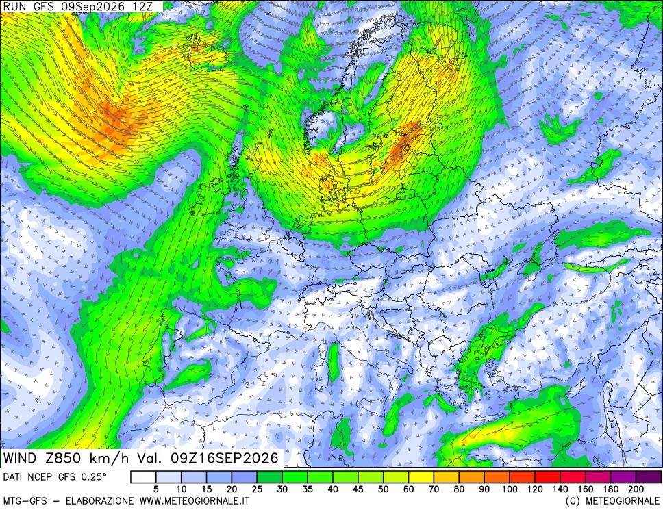 mappa 850 hPa Vento forza e direzione