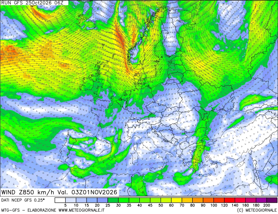 mappa 850 hPa Vento forza e direzione