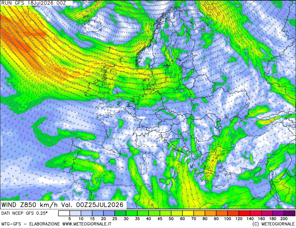 mappa 850 hPa Vento forza e direzione