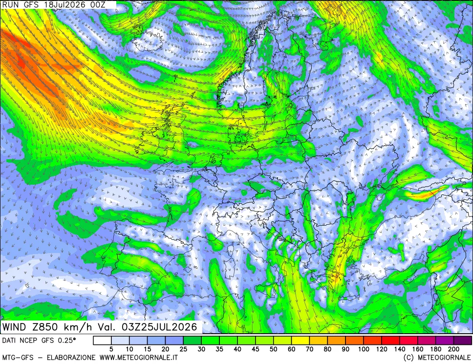 mappa 850 hPa Vento forza e direzione