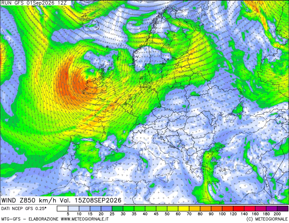 mappa 850 hPa Vento forza e direzione