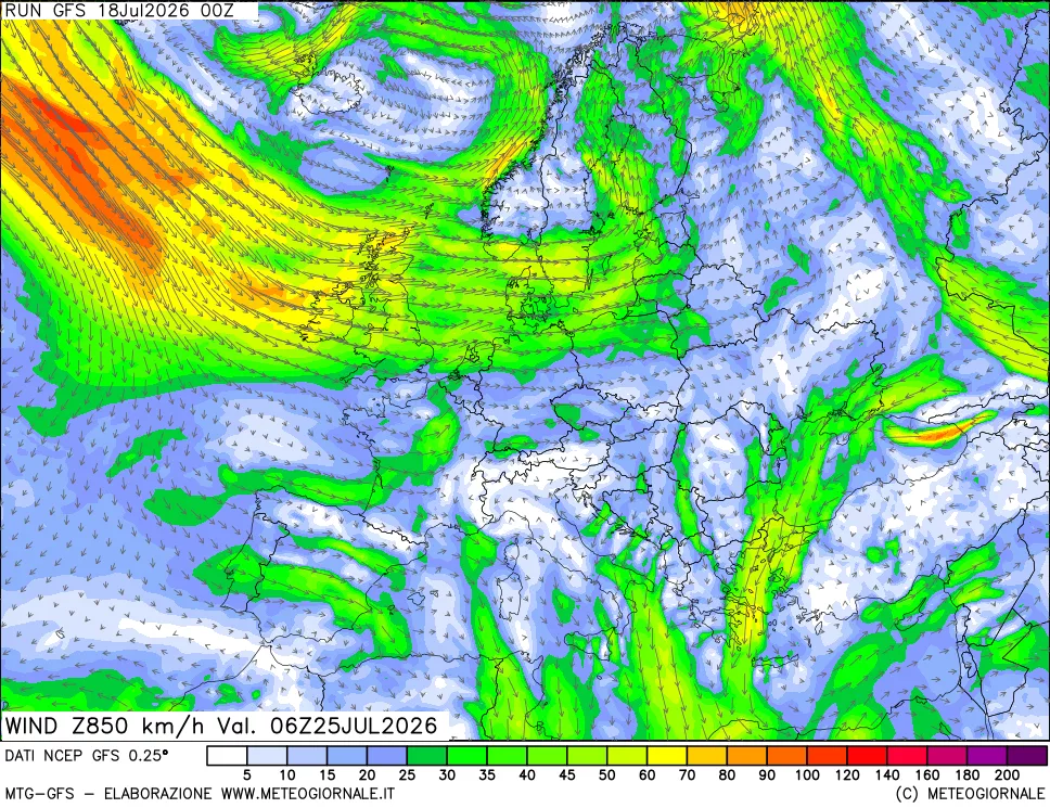 mappa 850 hPa Vento forza e direzione