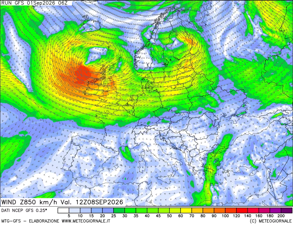 mappa 850 hPa Vento forza e direzione
