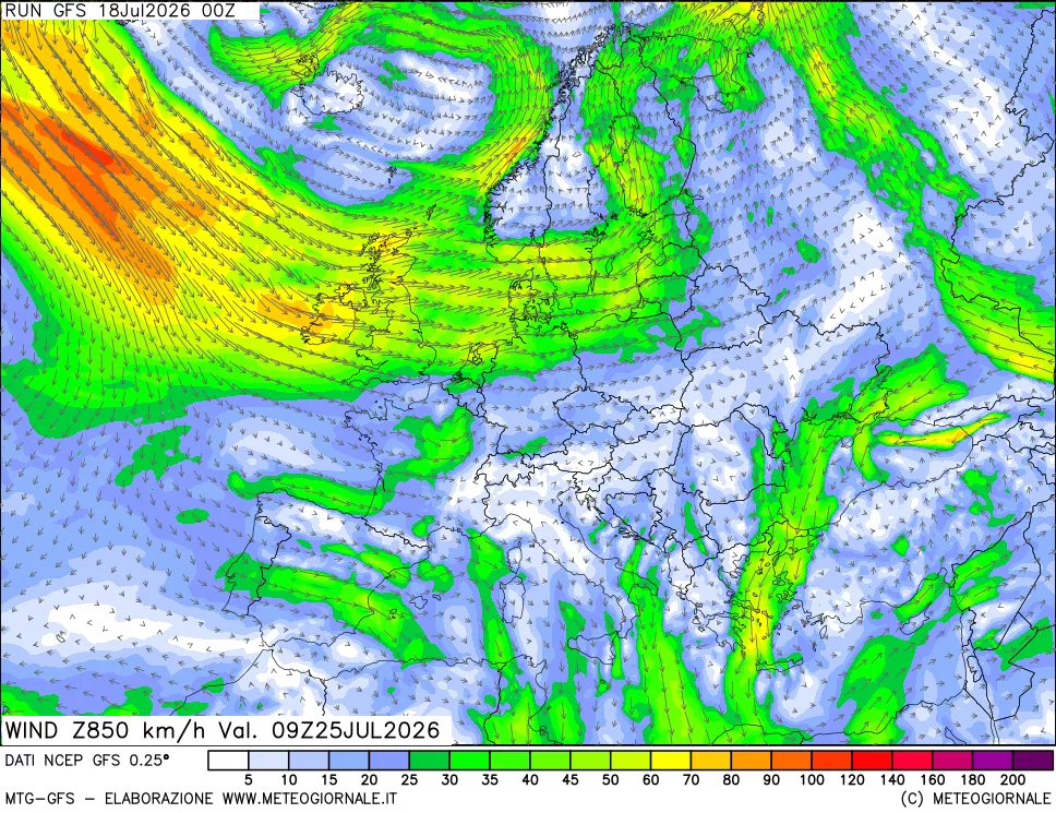 mappa 850 hPa Vento forza e direzione