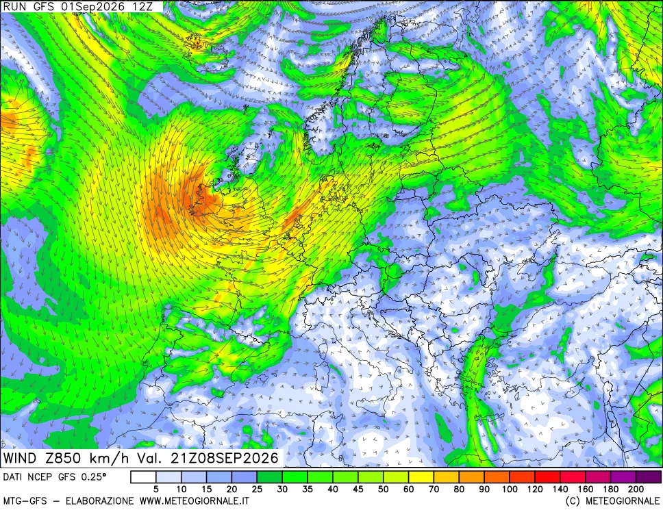 mappa 850 hPa Vento forza e direzione