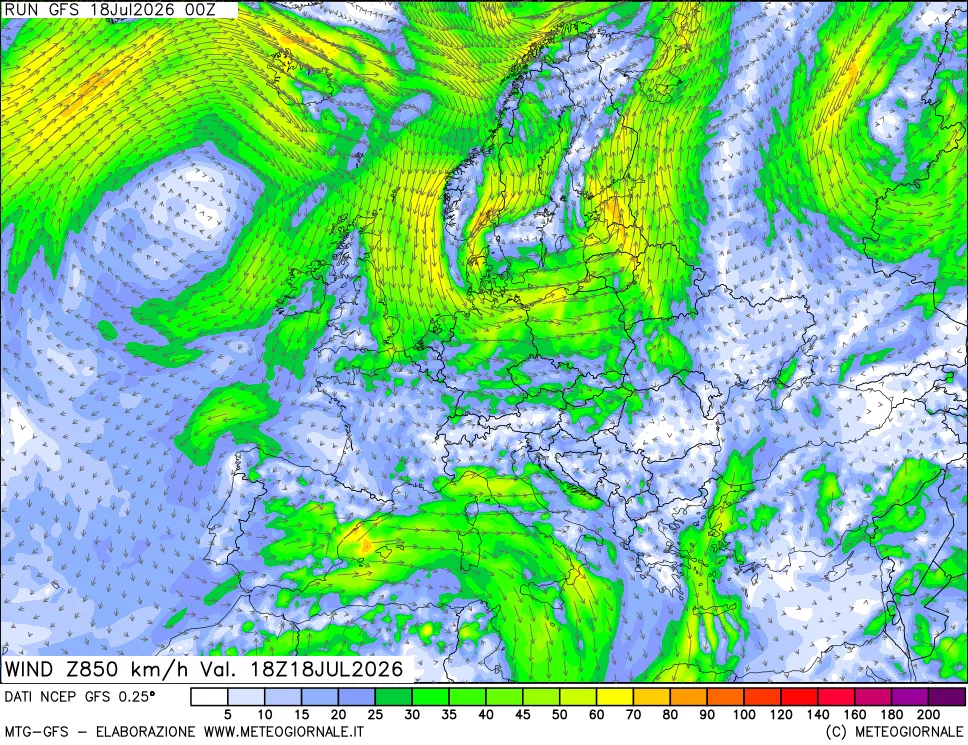 mappa 850 hPa Vento forza e direzione