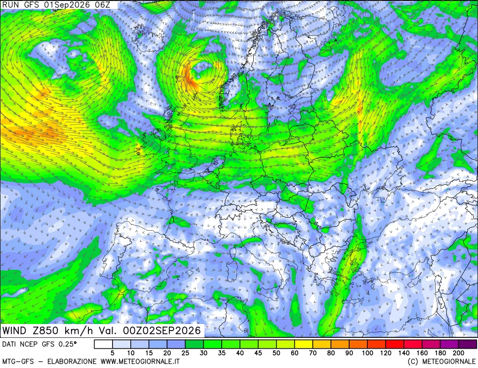 mappa 850 hPa Vento forza e direzione