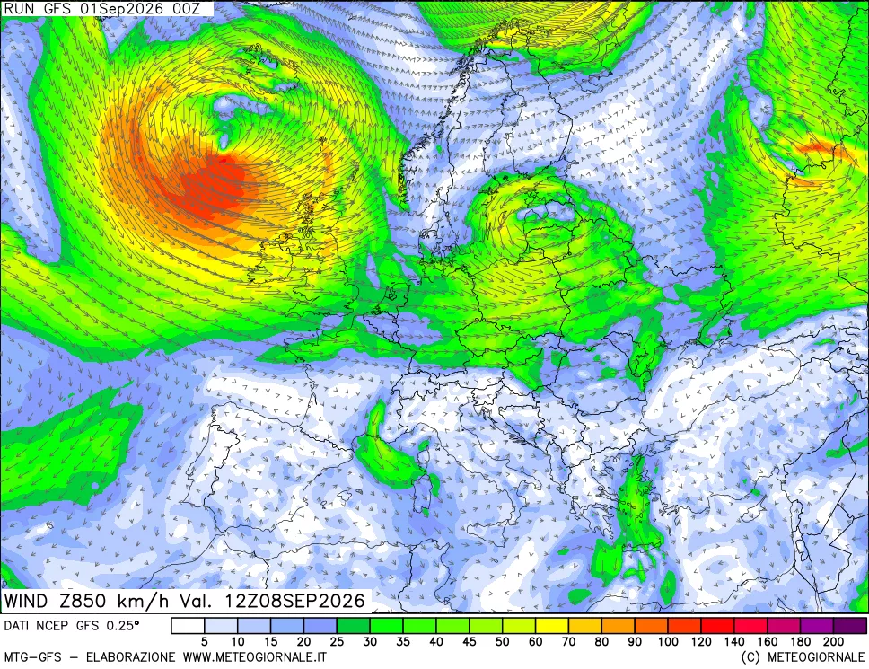 mappa 850 hPa Vento forza e direzione