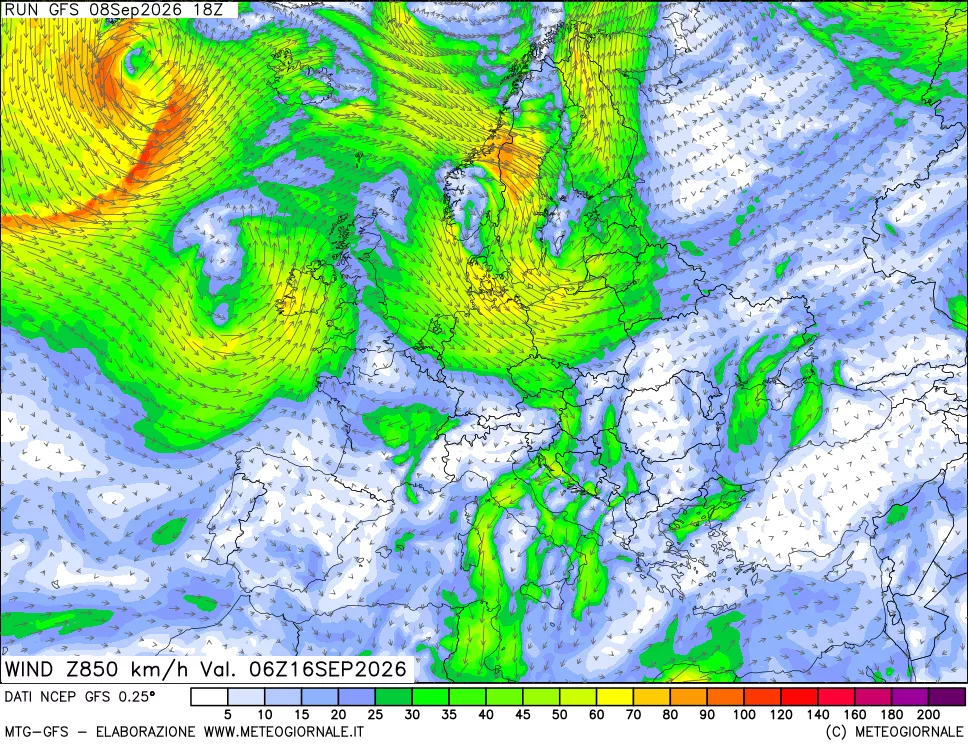 mappa 850 hPa Vento forza e direzione