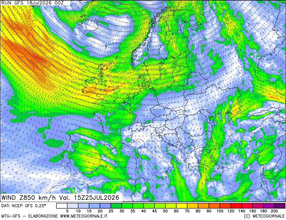 mappa 850 hPa Vento forza e direzione