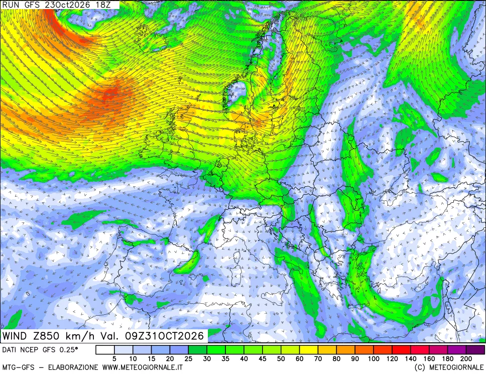 mappa 850 hPa Vento forza e direzione