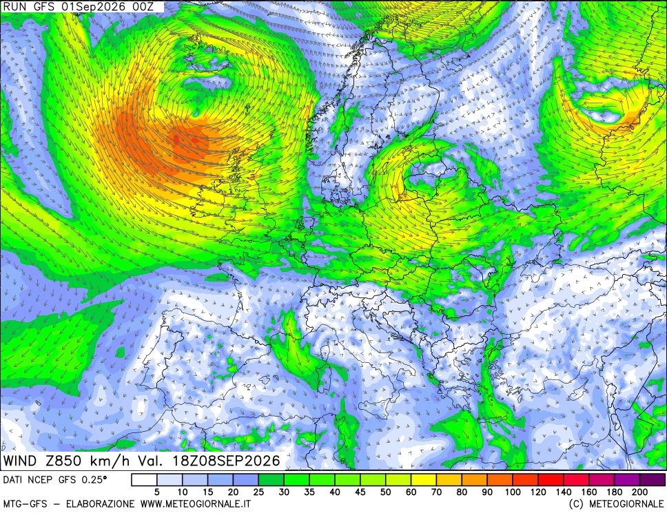 mappa 850 hPa Vento forza e direzione