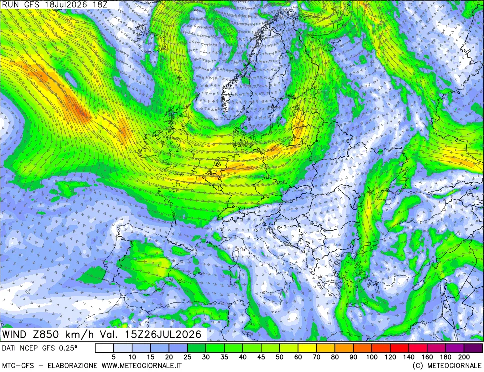 mappa 850 hPa Vento forza e direzione