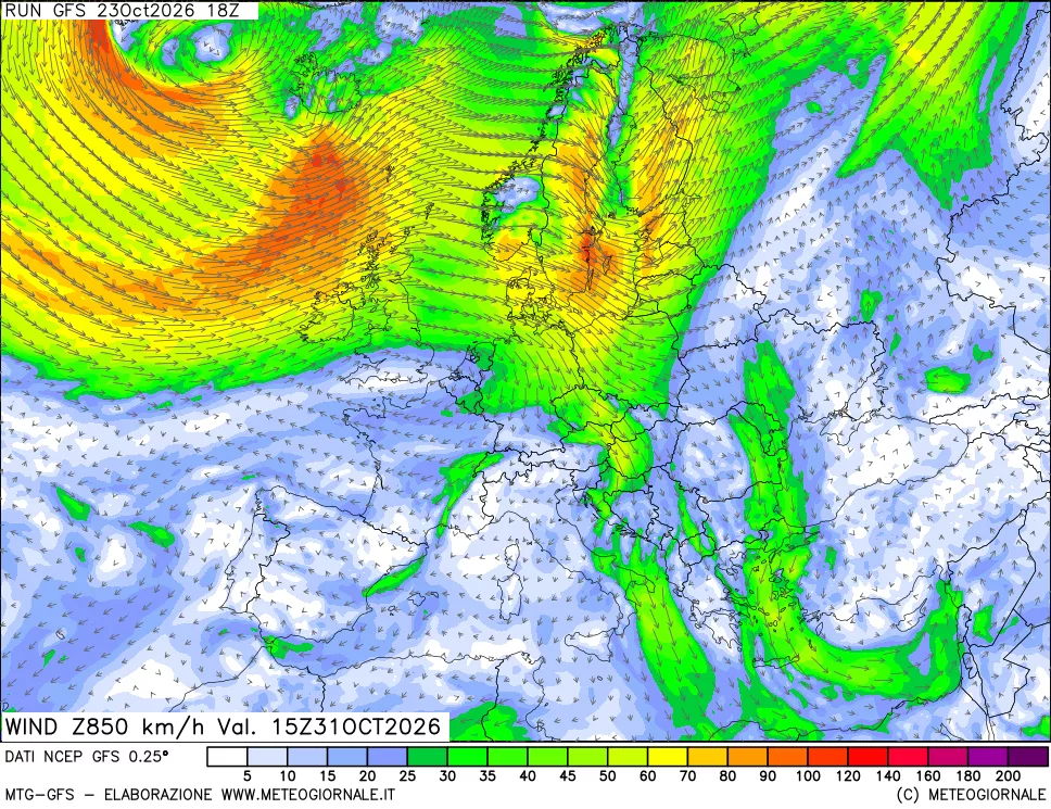 mappa 850 hPa Vento forza e direzione