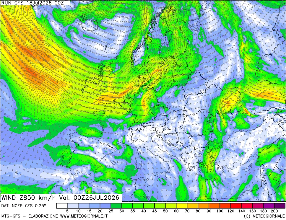 mappa 850 hPa Vento forza e direzione