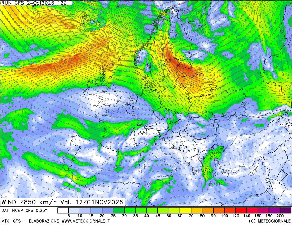 mappa 850 hPa Vento forza e direzione