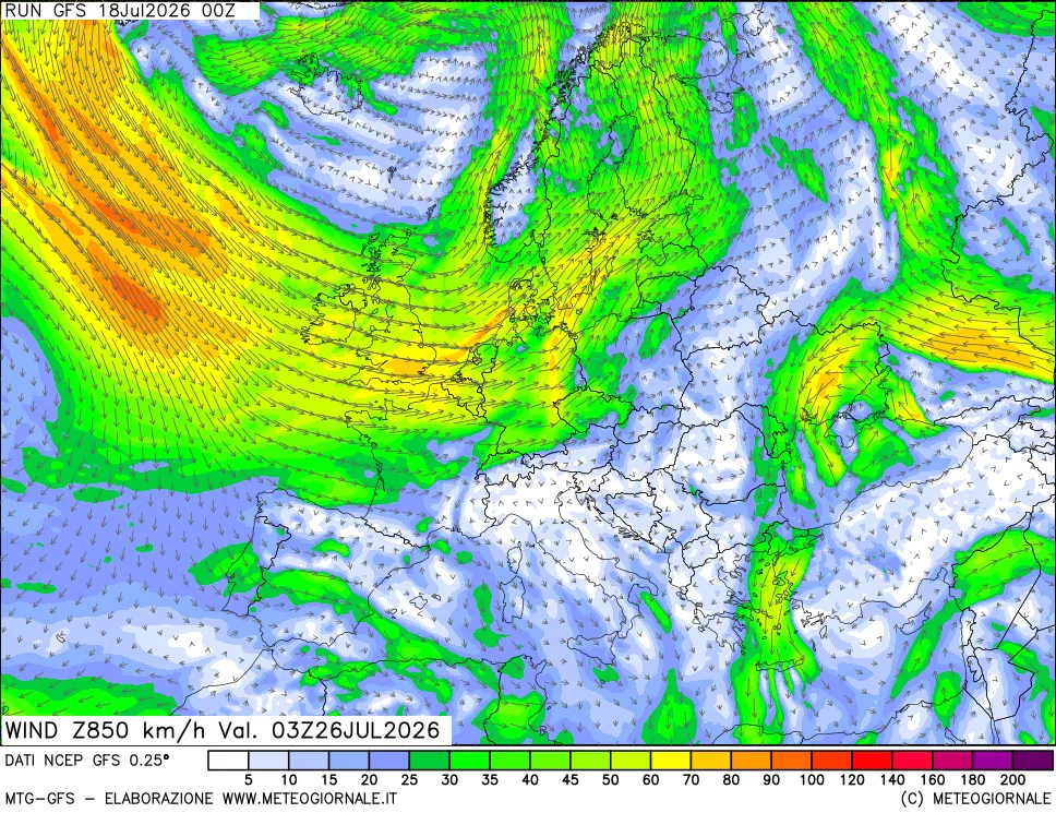 mappa 850 hPa Vento forza e direzione