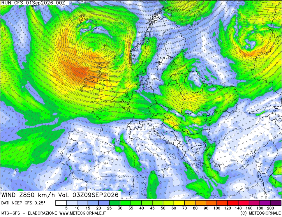 mappa 850 hPa Vento forza e direzione