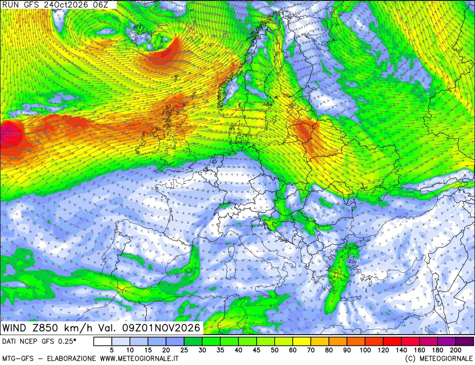 mappa 850 hPa Vento forza e direzione