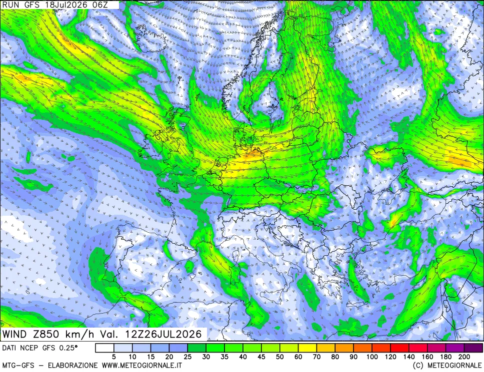 mappa 850 hPa Vento forza e direzione