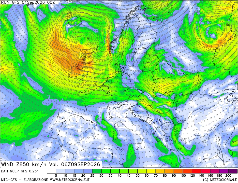 mappa 850 hPa Vento forza e direzione