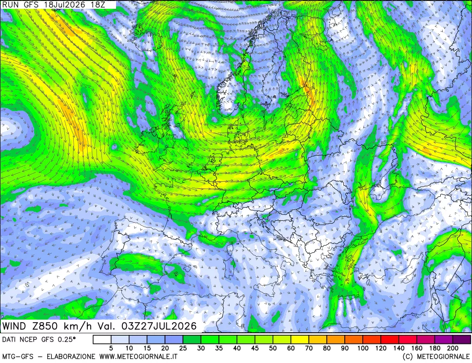mappa 850 hPa Vento forza e direzione