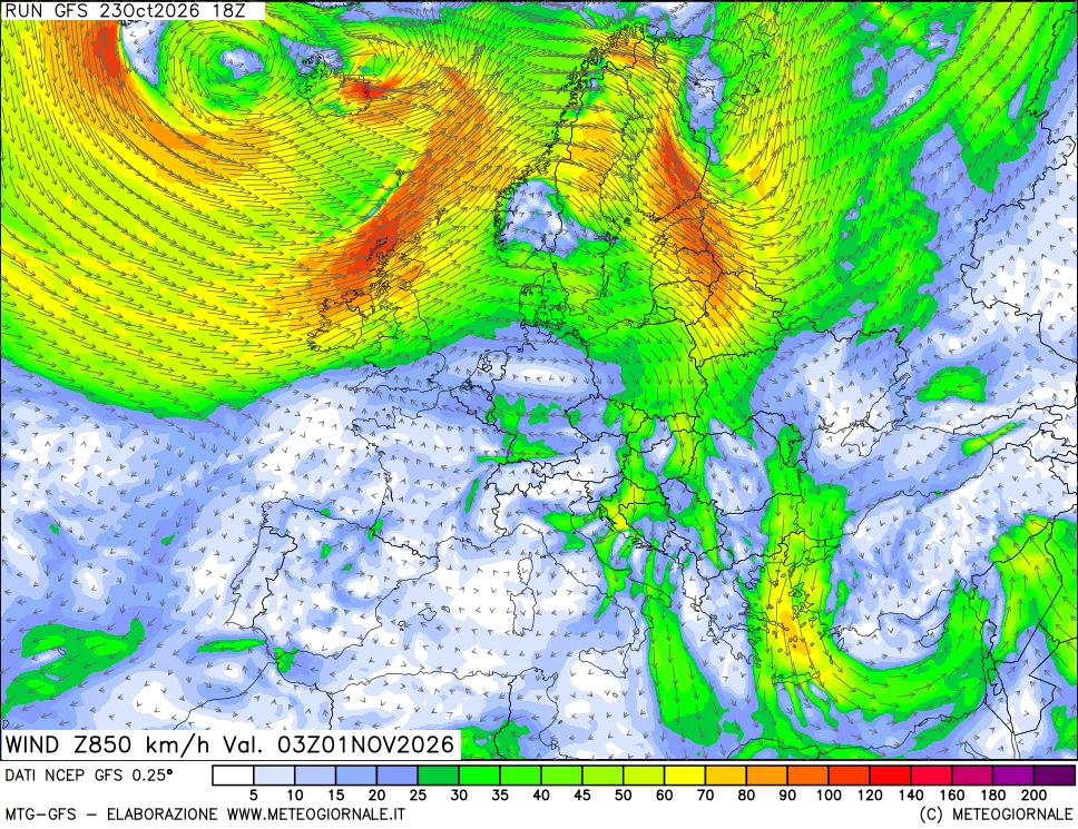 mappa 850 hPa Vento forza e direzione