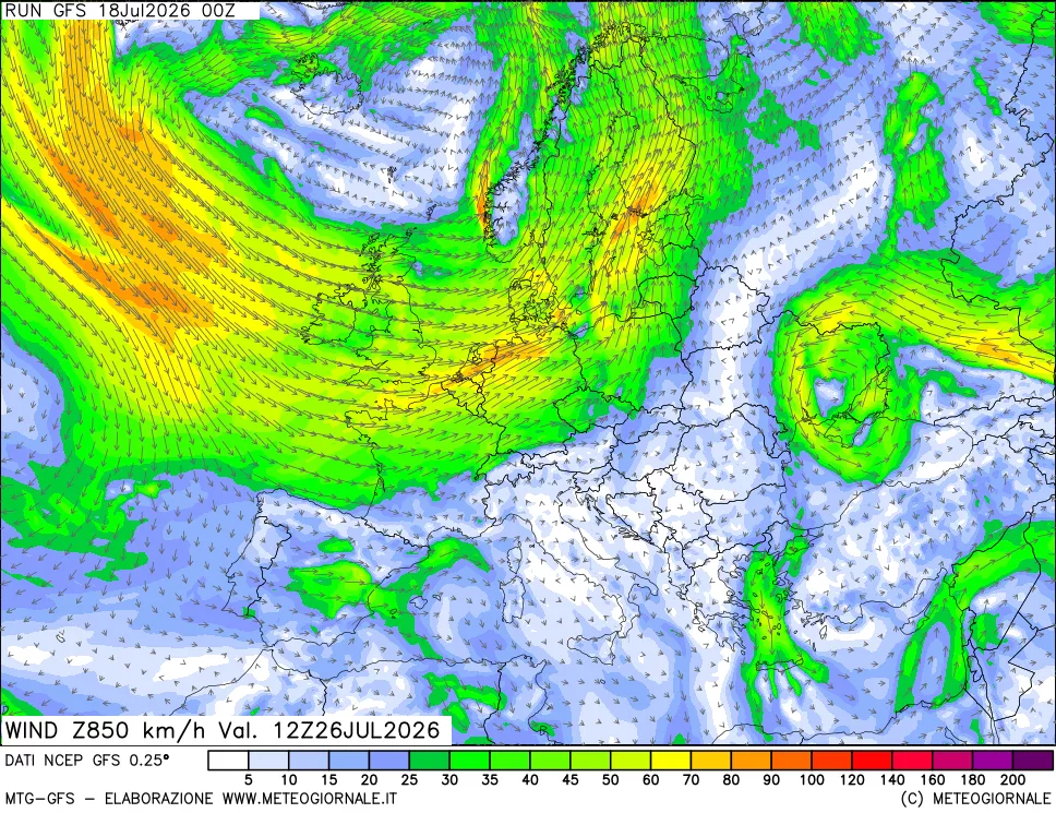 mappa 850 hPa Vento forza e direzione