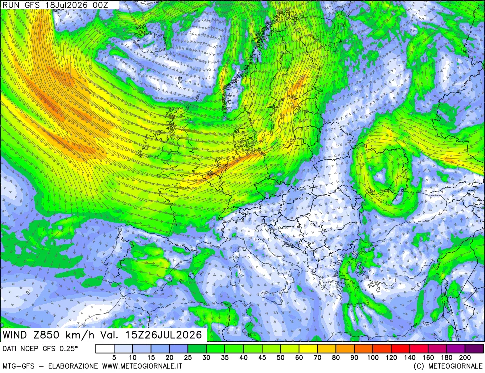 mappa 850 hPa Vento forza e direzione